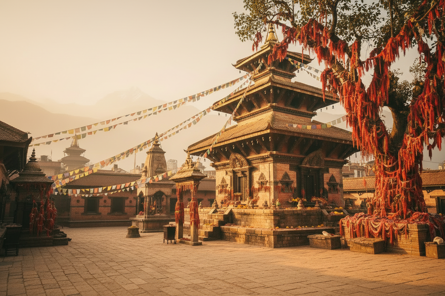 Nepal Temple with Red String Trees - Bright