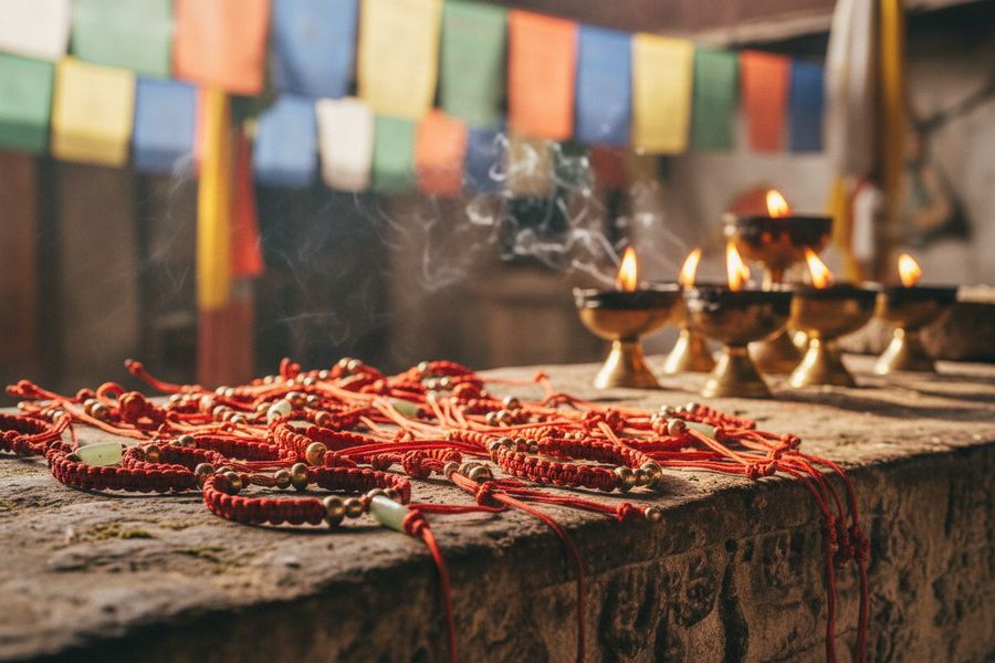 Tibetan Red Knot Cords in Monastery