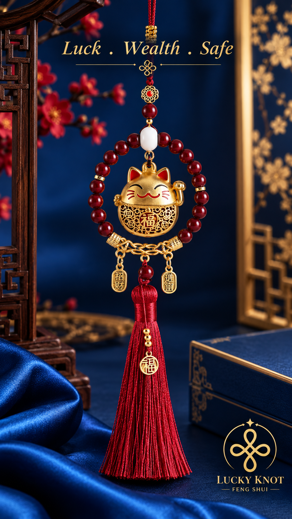 Maneki Neko Lucky Cat Prosperity Ring Car Charm