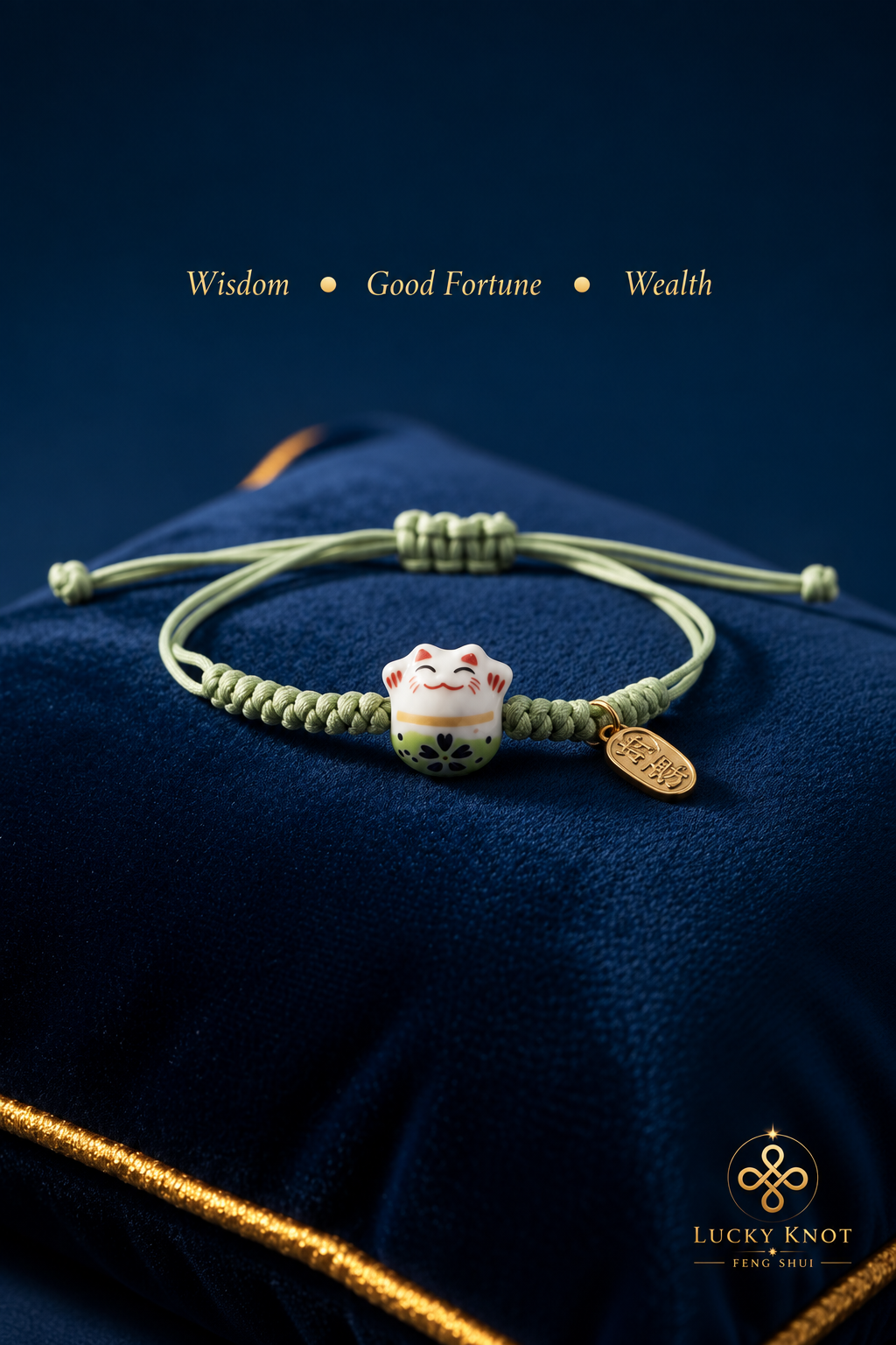 Maneki Neko Lucky Cat Bracelet - Green