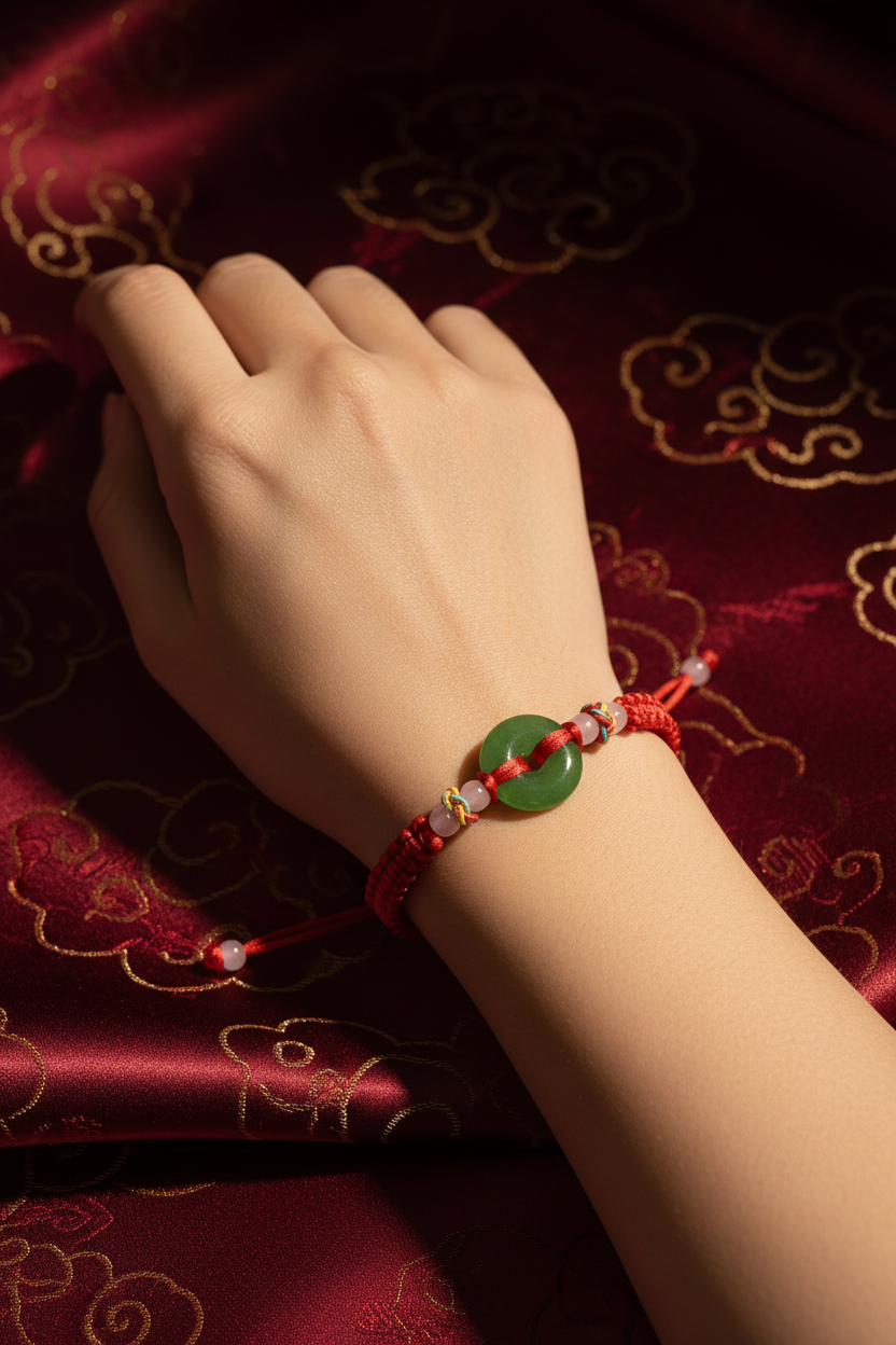 HW - Red Rope Green Jade Donut Bracelet
